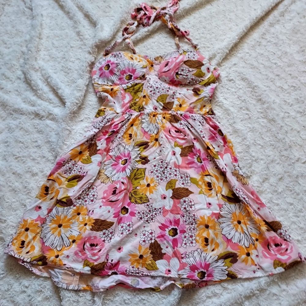 AUW floral rayon summer mini dress Large Fun Flirty Spring Romantic